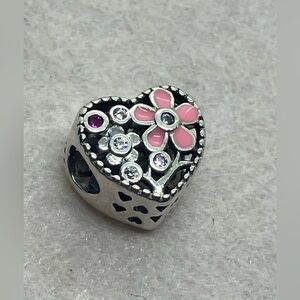 925 Sterling Silver & Cz Chunky Floral Pink Enamel Heart Flower Charm Bead